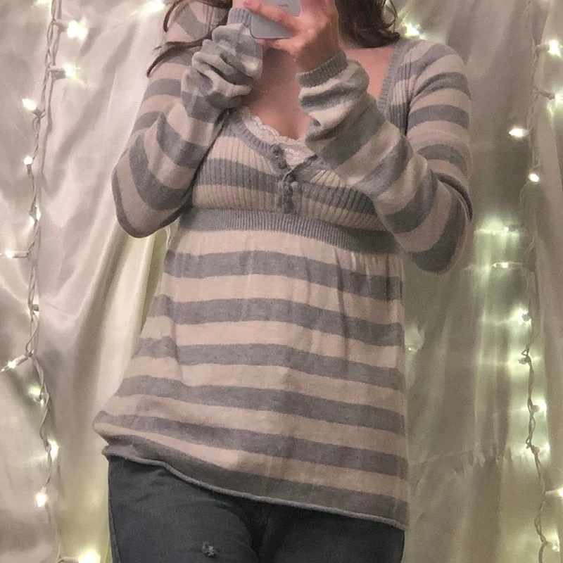 Rapcopter Y2K Button Sweaters O Neck Full Sleeve A-Line Jumpers Sweet Cute Striped Pullovers Women Autumn Winter Knitwear Retro