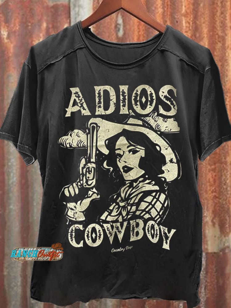 Vintage Wild West Adios Cowboy Art Print T-Shirt Black / S
