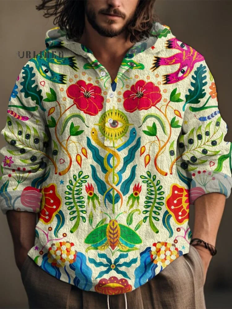 Vintage Quirky Eyes Floral Print Casual Jacquard Shirt