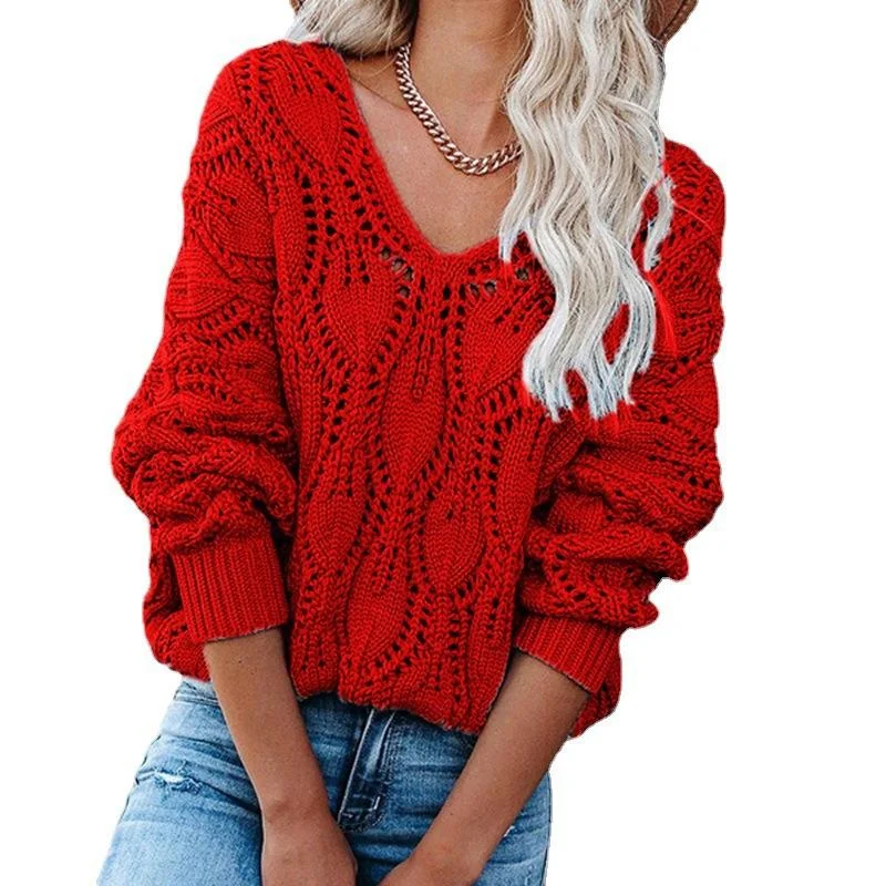 Casual Solid Hollow V-neck Long Sleeve Knitted Pullover Sweater | EGEMISS