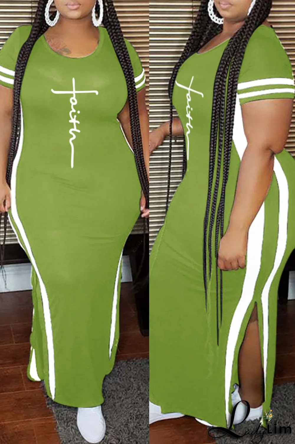 Tibetan Blue Fashion Casual Plus Size Print Slit O Neck Short Sleeve Dress