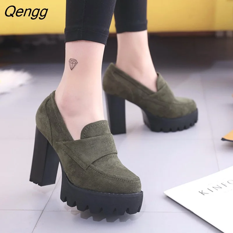Qengg with 10CM Pumps Suede high heels thick round head waterproof platform black single shoes woman thick bottom was thin 358