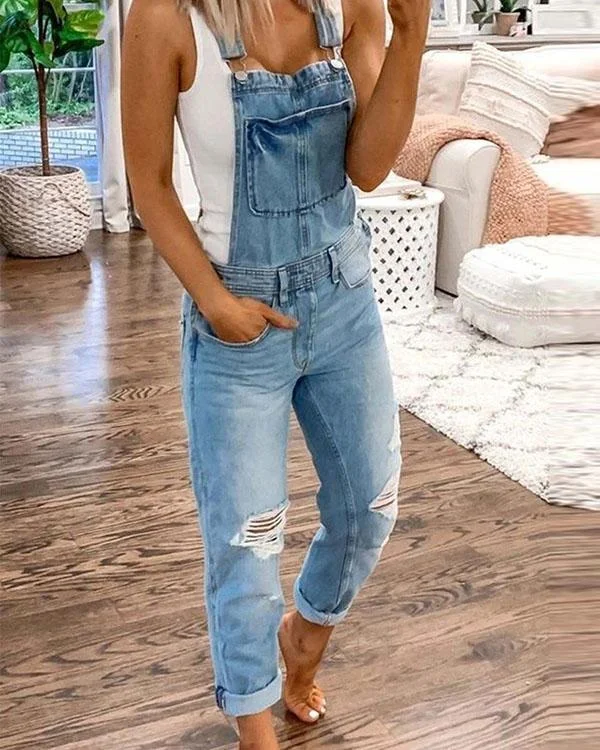  Women's Casual Holiday Ripped Denim Jumpsuit