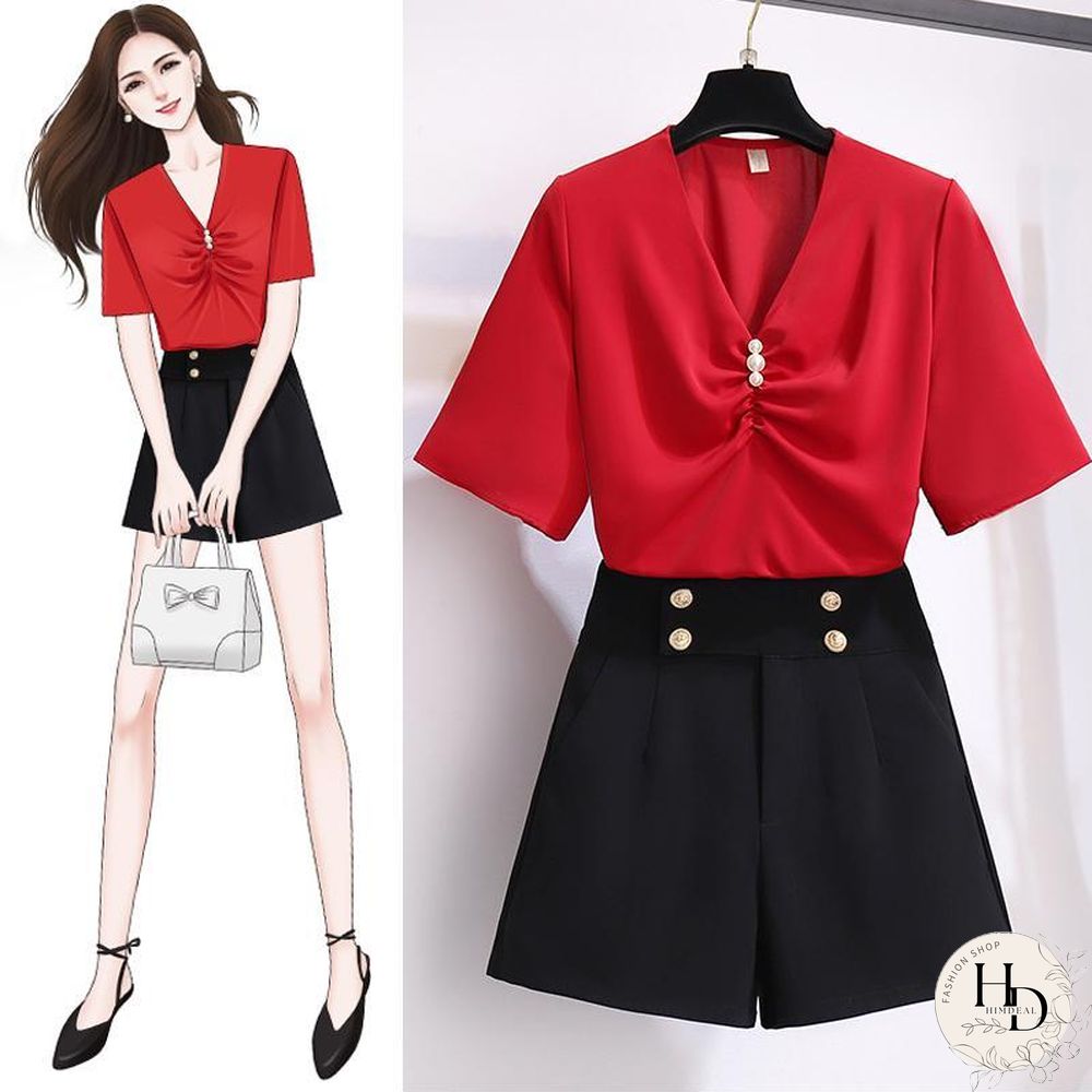 Chic V-Collar Tee+Button Shorts P10770