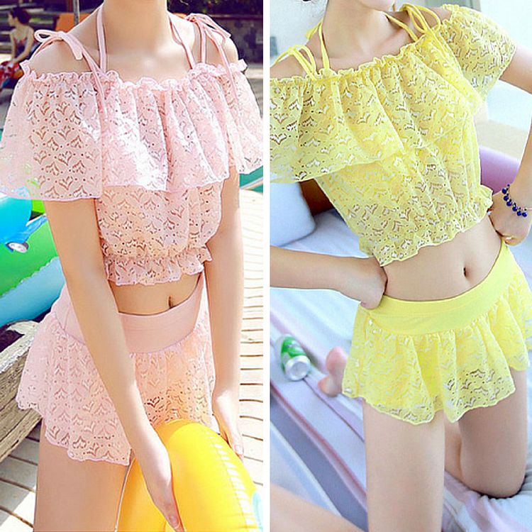 M/L/XL Light Yellow/Pink Sweet Three-Piece Bikini Swimming Suit SP165466