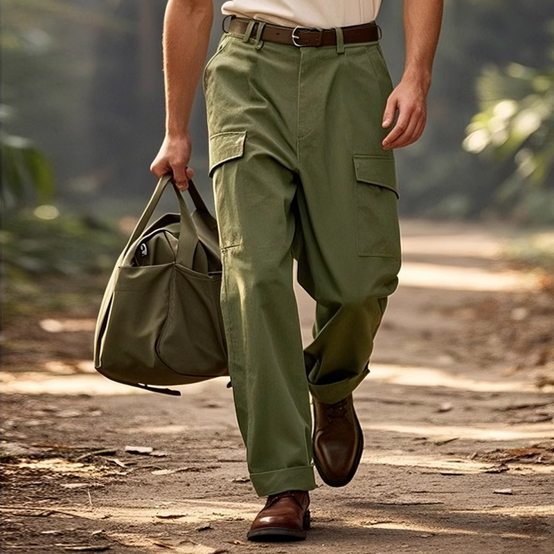 Men's Retro Army Green Classic Twill Workwear Straight Trousers