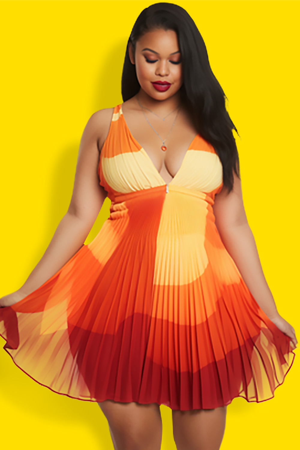 Design Plus Size Beach Orange Gradient V Neck Pleated Swimsuit Fabric Swimwear Dress With Panty [Pre-Order]