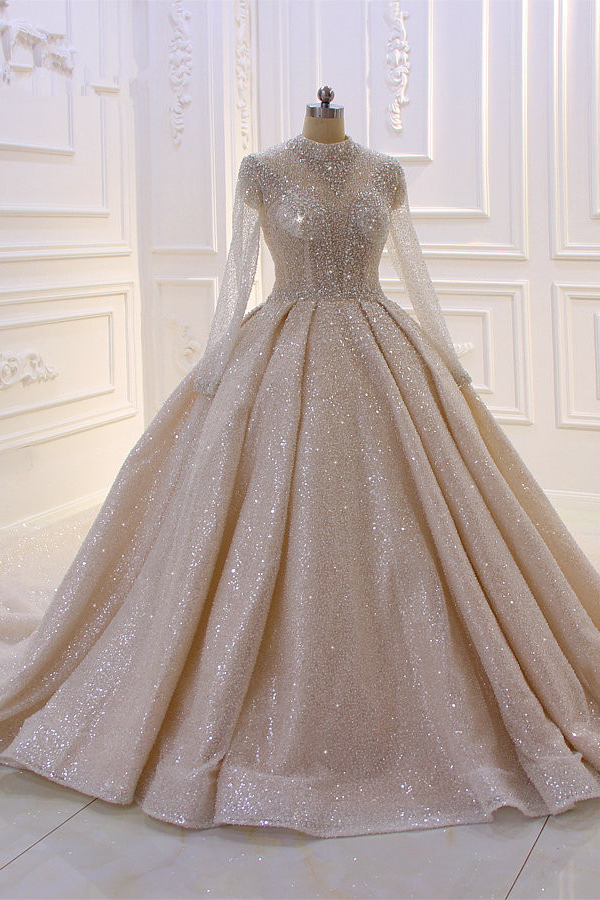 Dresseswow High-neck Long Sleeves Ball Gown Wedding Dresses With Sequins