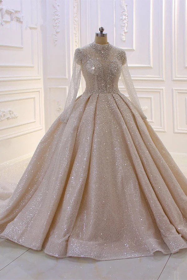 High-neck Long Sleeves Satin Ball Gown Wedding Dress With Sequins