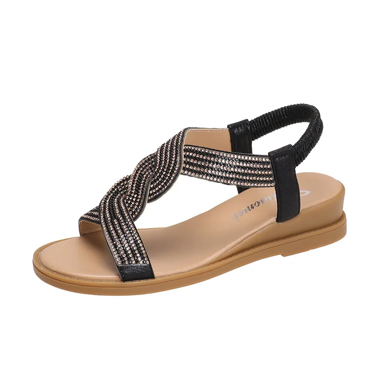 Zhungei New Fashion Flat Woman Sandals Shoes Round Toe Summer Women Heel Diamond Decoration Slip on Size 35-42