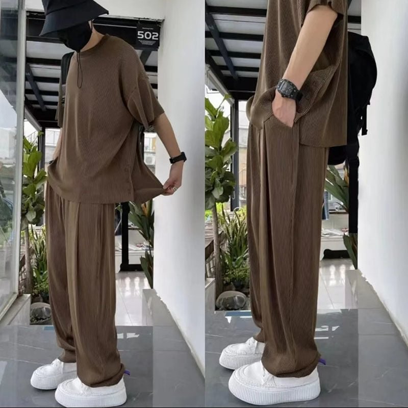 Net Red With The Same Sports Suit Drape Ice Silk Wide-leg Pants Split Top Men And Women Summer Tide Brand Two-piece Set