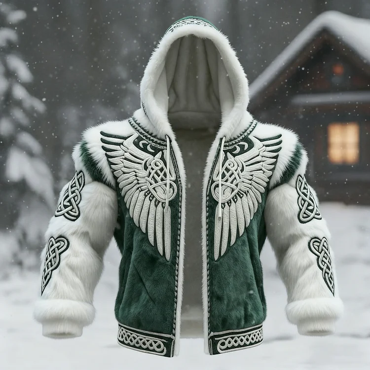 Men's Viking Tribal Jacquard Celtic With Wings Inspired Art Plush Warm Zipped Hooded Jacket