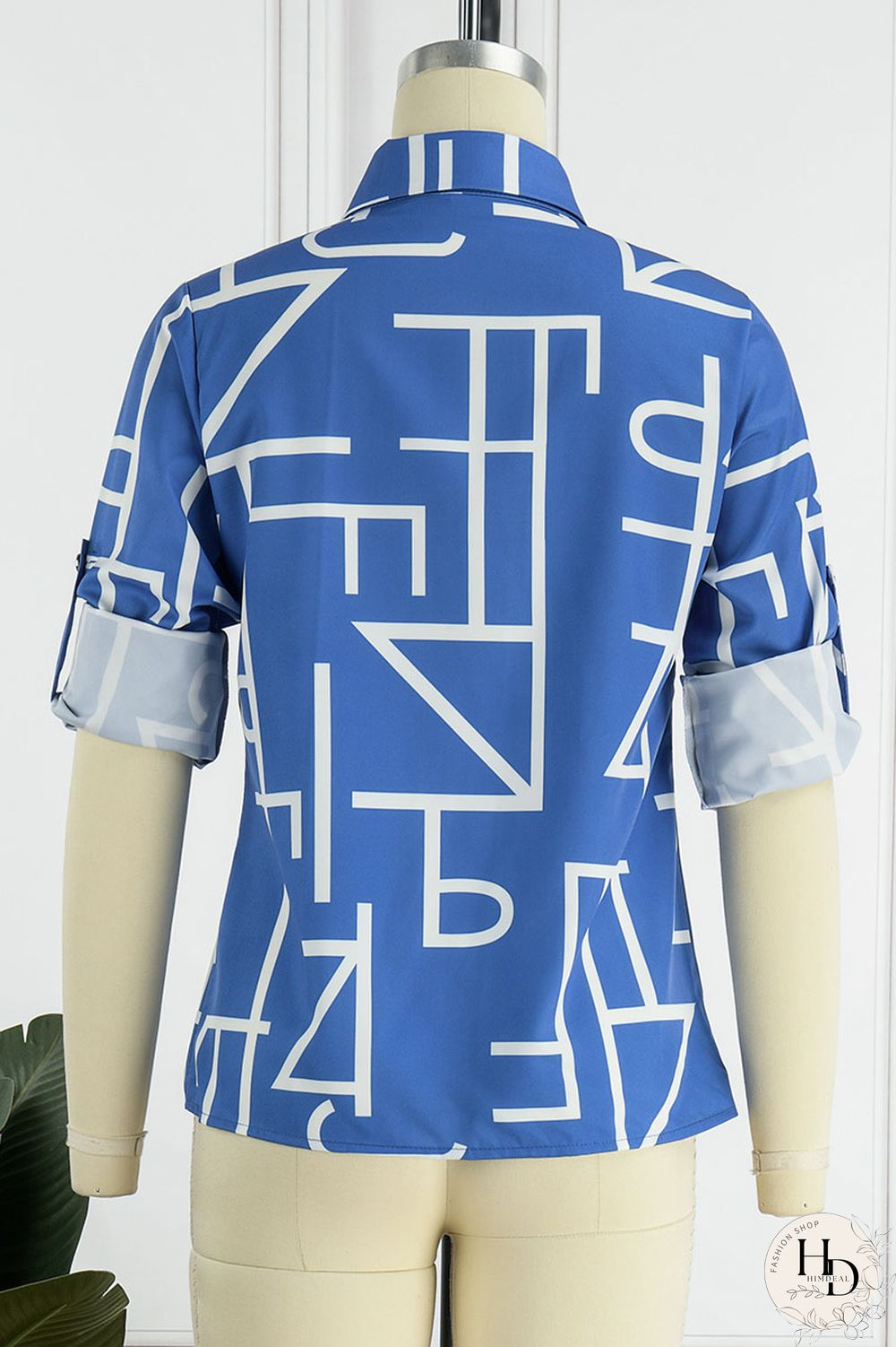 Blue Casual Print Patchwork Buckle Turndown Collar Tops