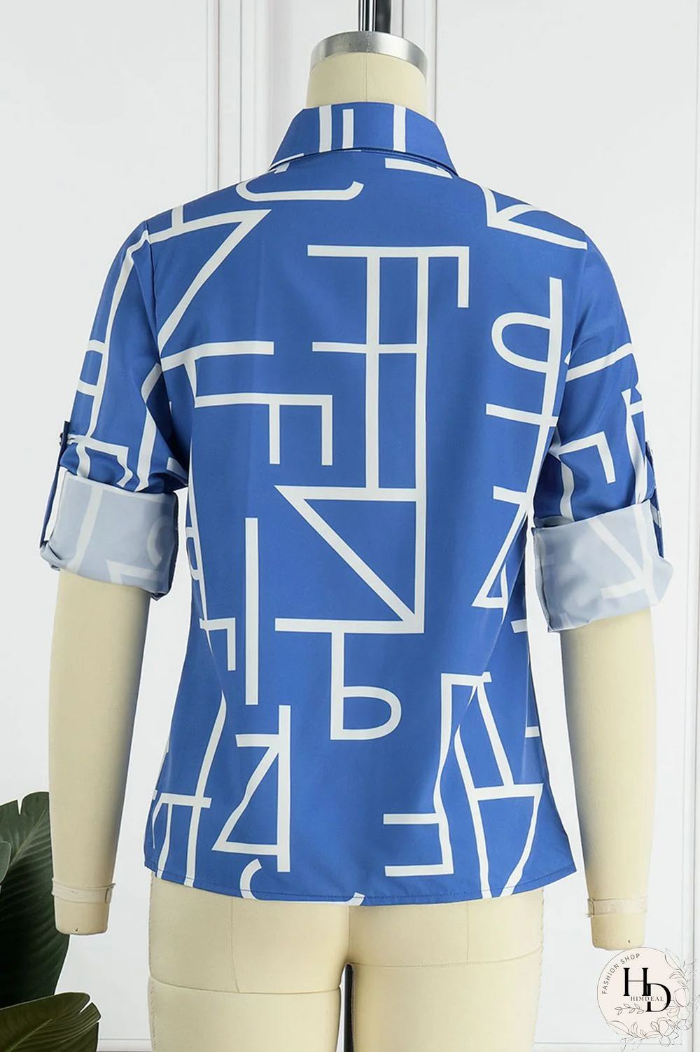 Blue Casual Print Patchwork Buckle Turndown Collar Tops