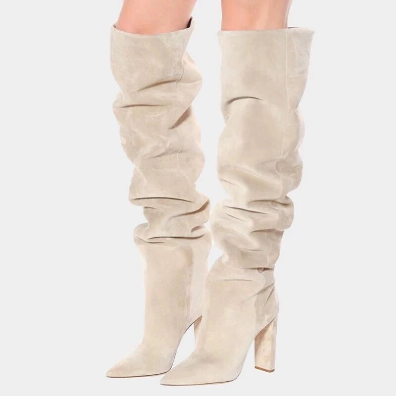 VCSHOES Chunky High Heels Beige Nubuck Thigh Boots Square Heels Pointed Toe Loose Nutural Draped Over Knee Suede Boots