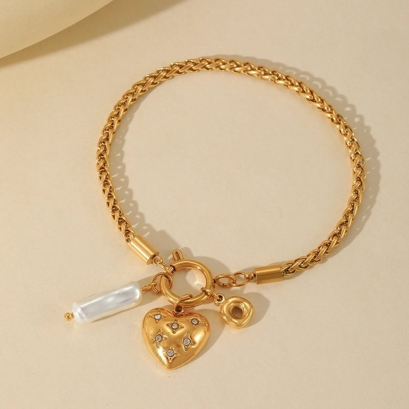 Casual Elegant Cute Cross Heart Shape Flower 304 Stainless Steel 18K Gold Plated Imitation Pearl Zircon Cable Chain Snake Chain Bracelets In Bulk