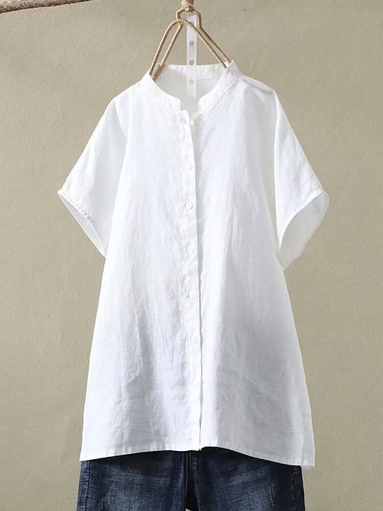 Vintage Solid Color Stand Collar Short Sleeve Button Blouse P1858651
