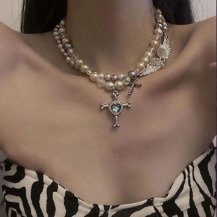 French Fashion Vintage Cross Crystal Pearl Necklace KERENTILA