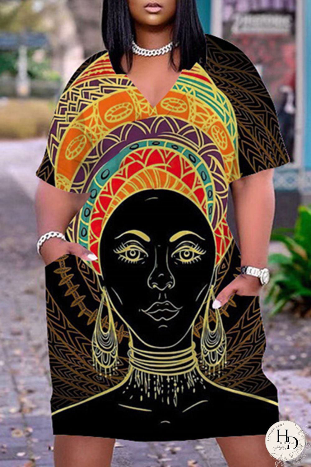 Black Gray Fashion Casual Print Basic V Neck Short Sleeve Dress