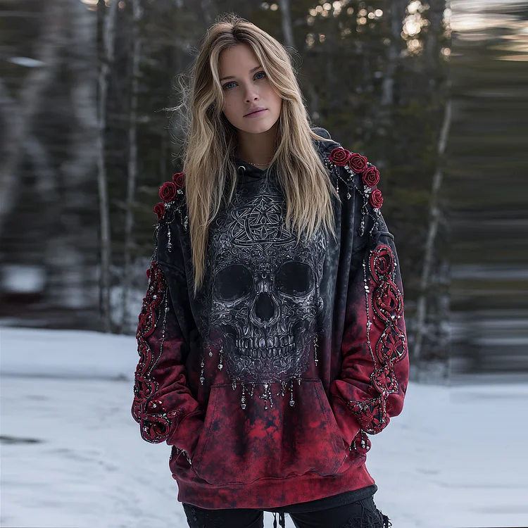 Women's Vintage Viking Tribal Skull Flower Gradien Art Cozy Hoodie