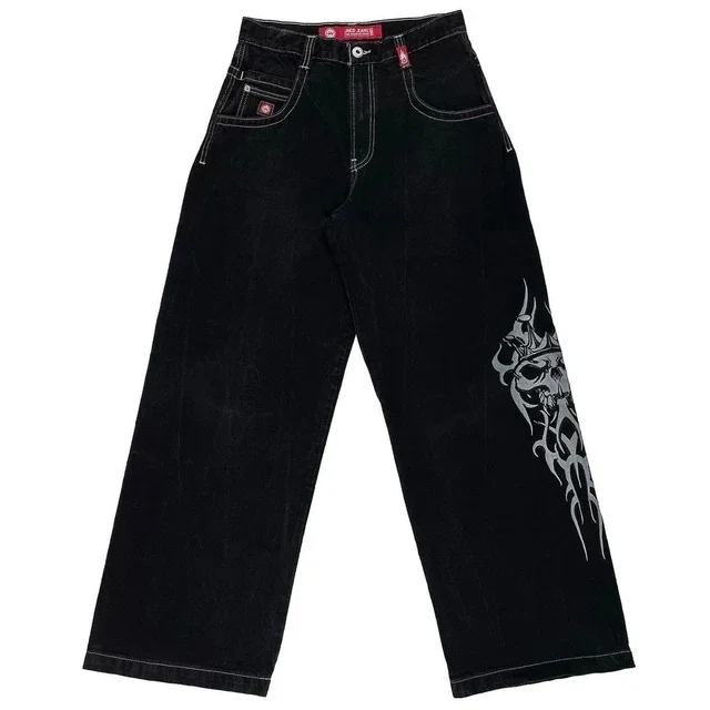 Megaarcadee Hip Hop Gothic Jeans Streetwear Retro Flame Skull Pattern Embroidered Loose Harajuku Jeans Men Women Wide Pants Trousers