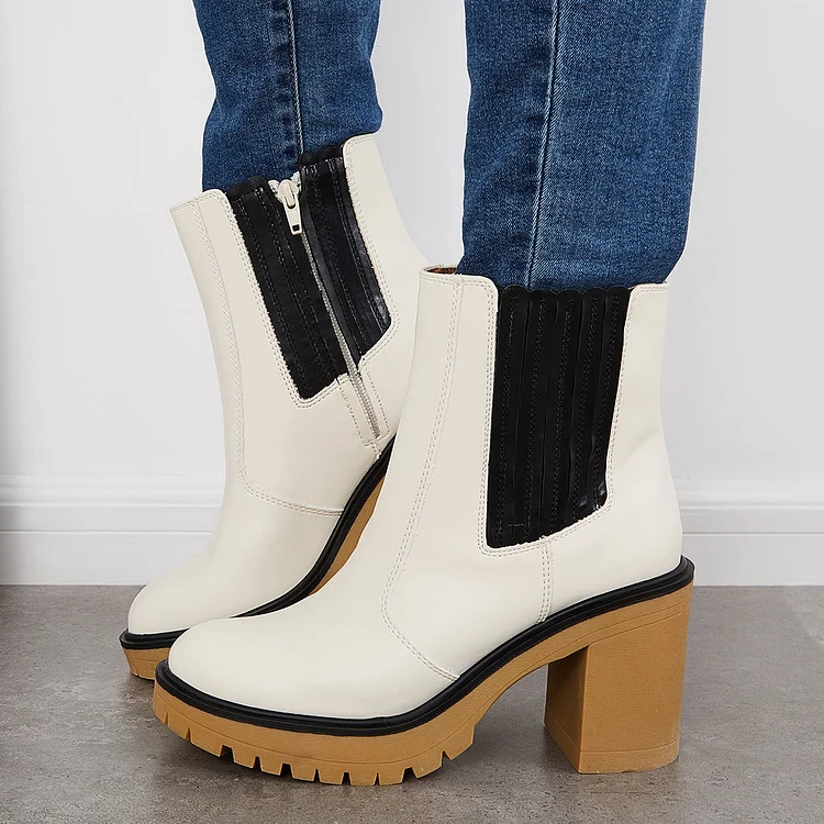 Women Lug Sole Platform Booties Block Chunky Heel Ankle Boots