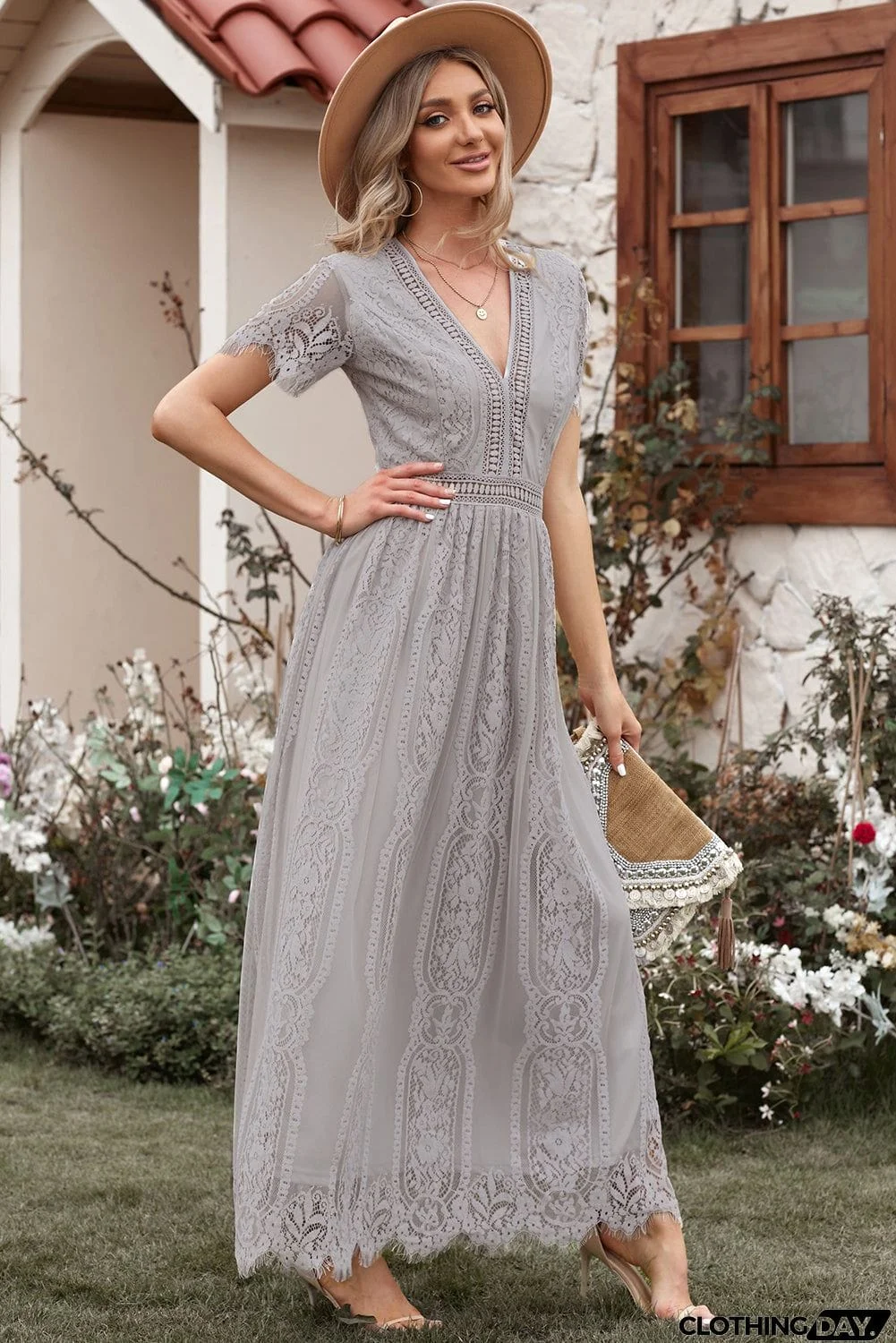Gray Fill Your Heart Lace Maxi Party Dress