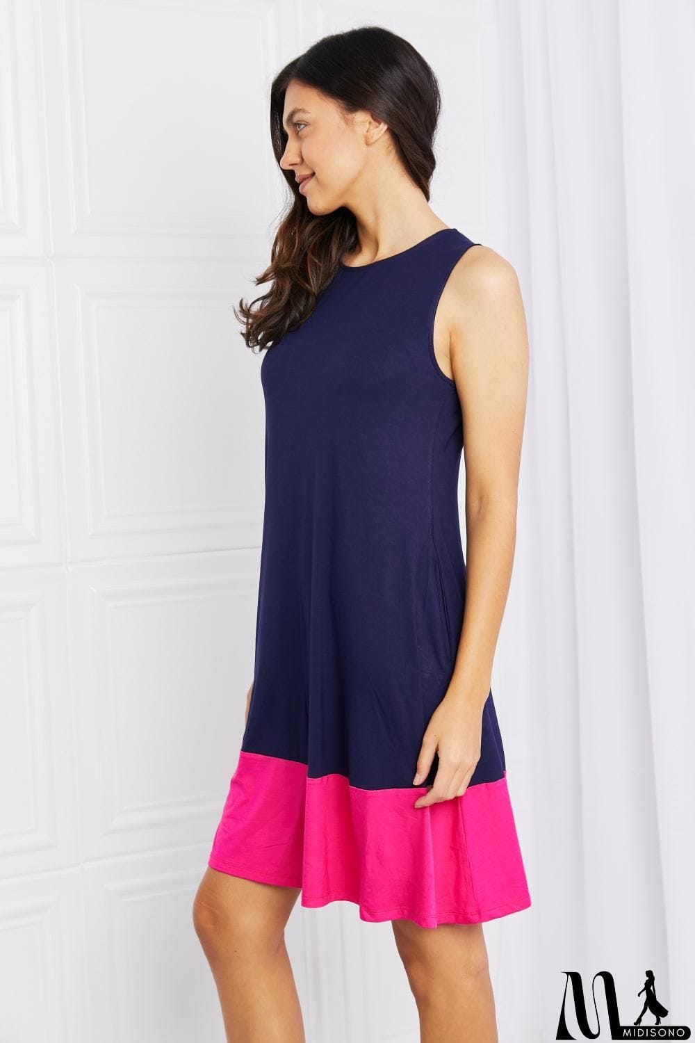 MidiSono - Yelete Full Size Two-Tone Sleeveless Mini Dress with Pockets