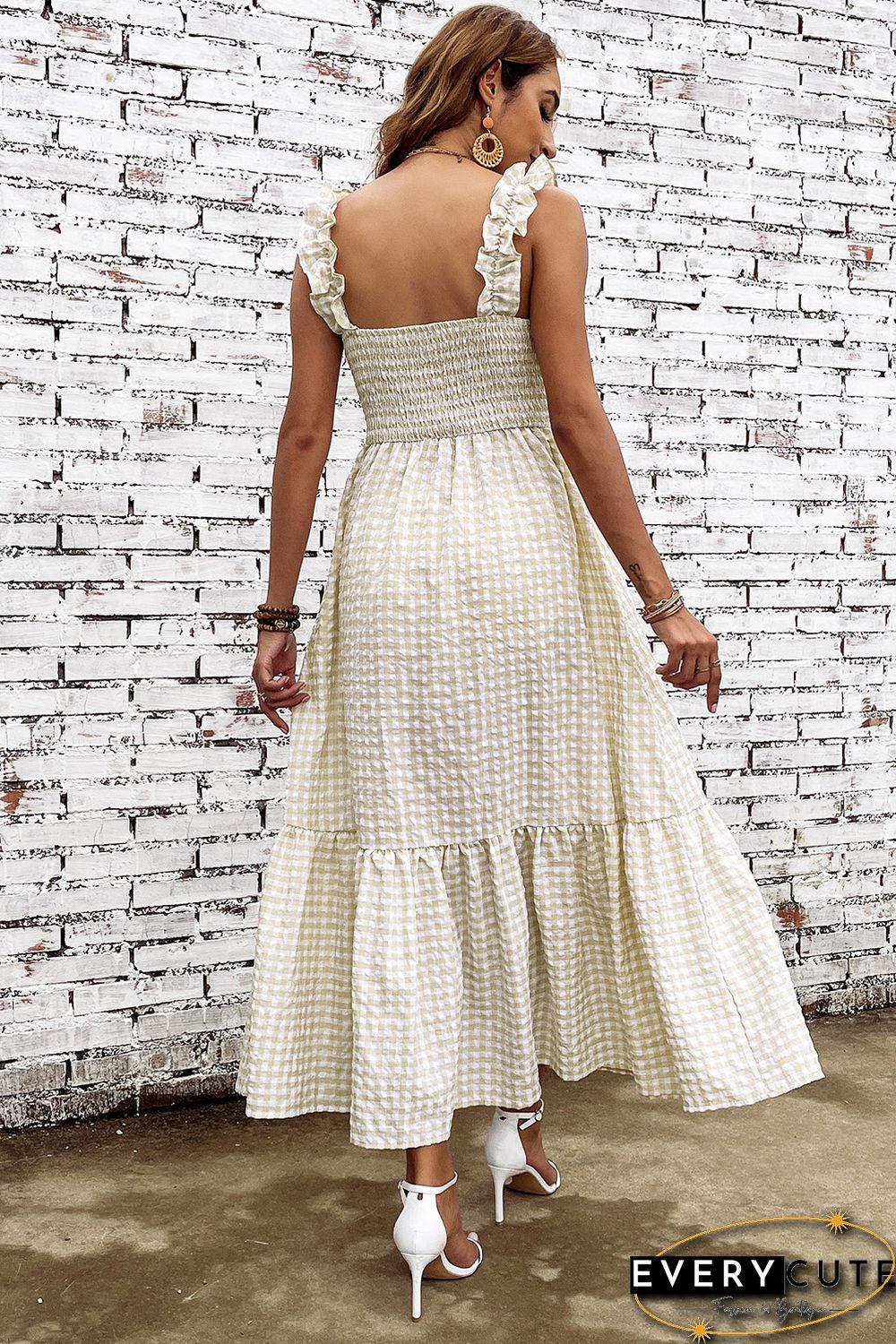Khaki Plaid Ruffled Sleeve Smocked Maxi Dress