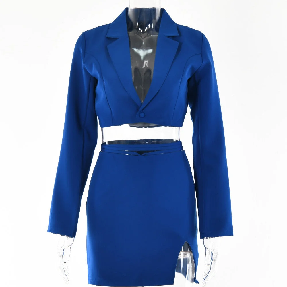 Yimunancy 2-Piece Blazer Sets V Neck Cropped Blazer + High Waist Skirt 2021 Autumn Button Notched Lace Up Matching Set