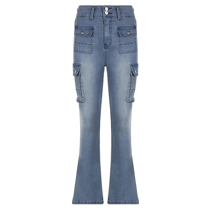Rapcopter y2k Pockets Flare Jeans Aesthetic Low Waisted Cargo Pants Strecthy Retro Basic Harajuku Trousers Women Korean Joggers