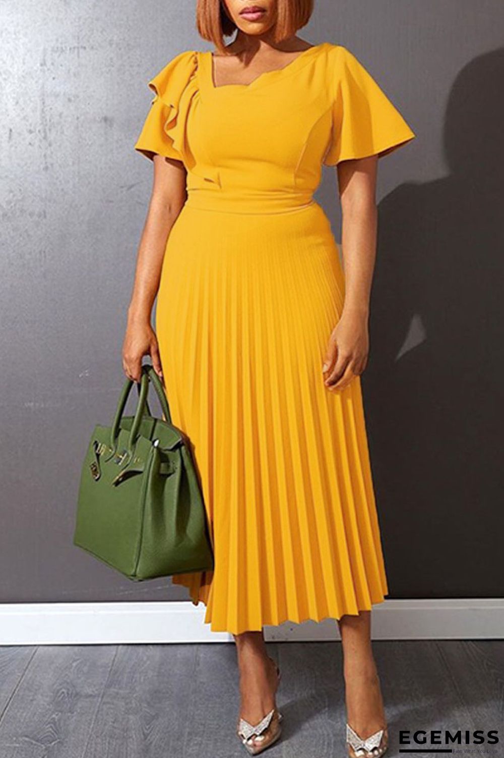 Yellow Elegant Solid Patchwork Fold Asymmetrical Collar A Line Dresses | EGEMISS