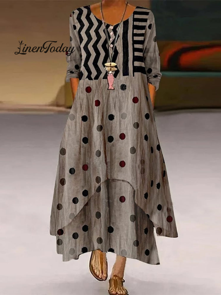 Elegant Casual Double Layer Print Contrast Color Dress Brown / S