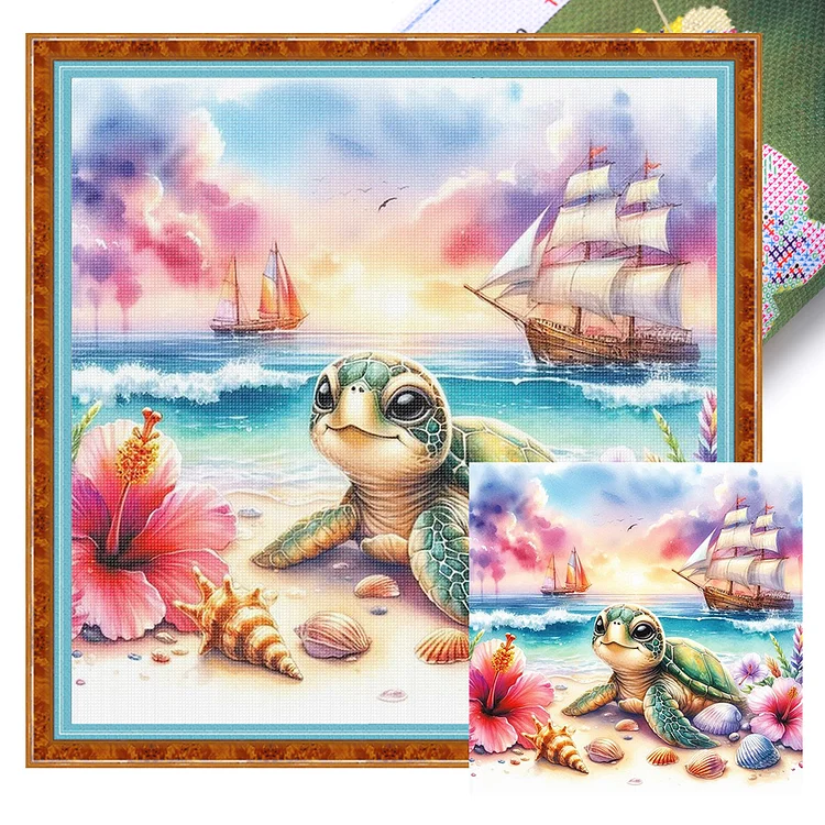 【Huacan Brand】Seaside turtle 40*40cm 11CT Stamped Canvas Cross Stitch gbfke