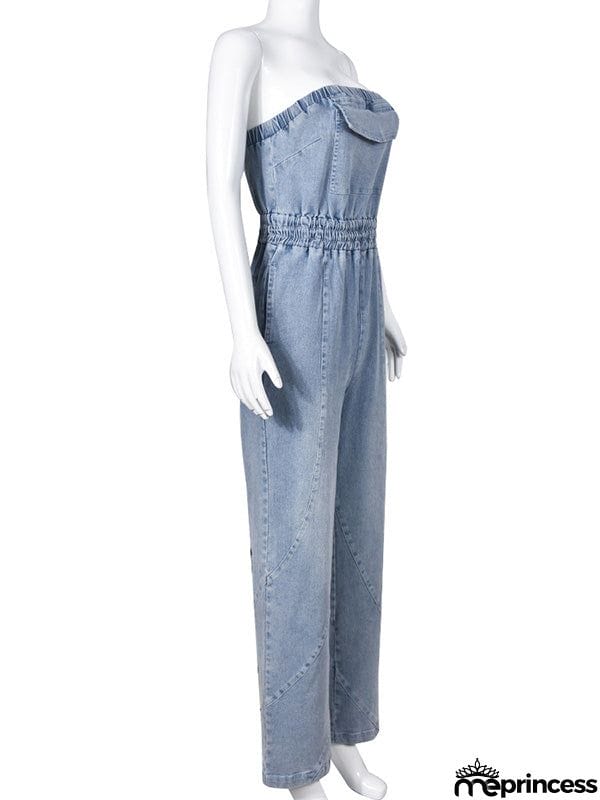 Sleeveless Straight Leg Elasticity Pleated Pockets Split-Joint Tube Jumpsuits