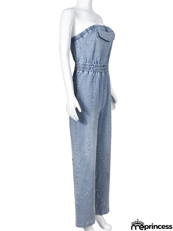 Sleeveless Straight Leg Elasticity Pleated Pockets Split-Joint Tube Jumpsuits
