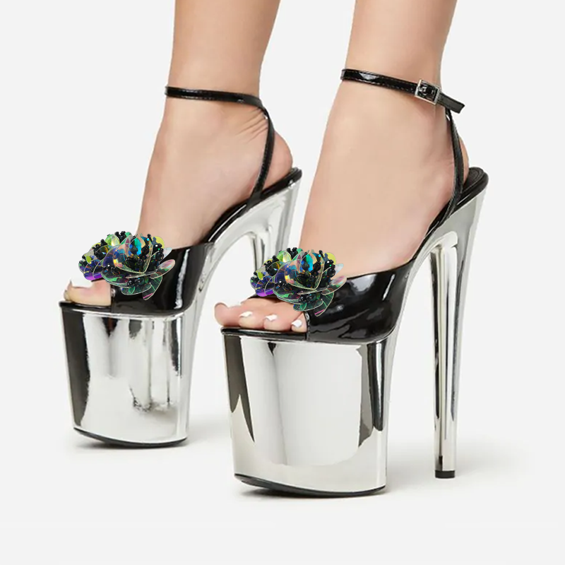 Black & Silver Open Toe Stiletto Heel Ankle Strap Platform Sandals Nicepairs
