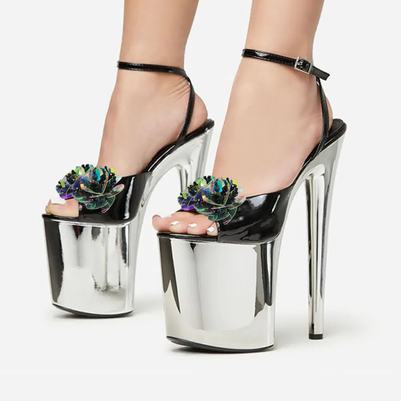 Black & Silver Patent Leather Opened Toe Slingback Ankle Strappy Sequin Platform Sandals With Stiletto Heels Nicepairs