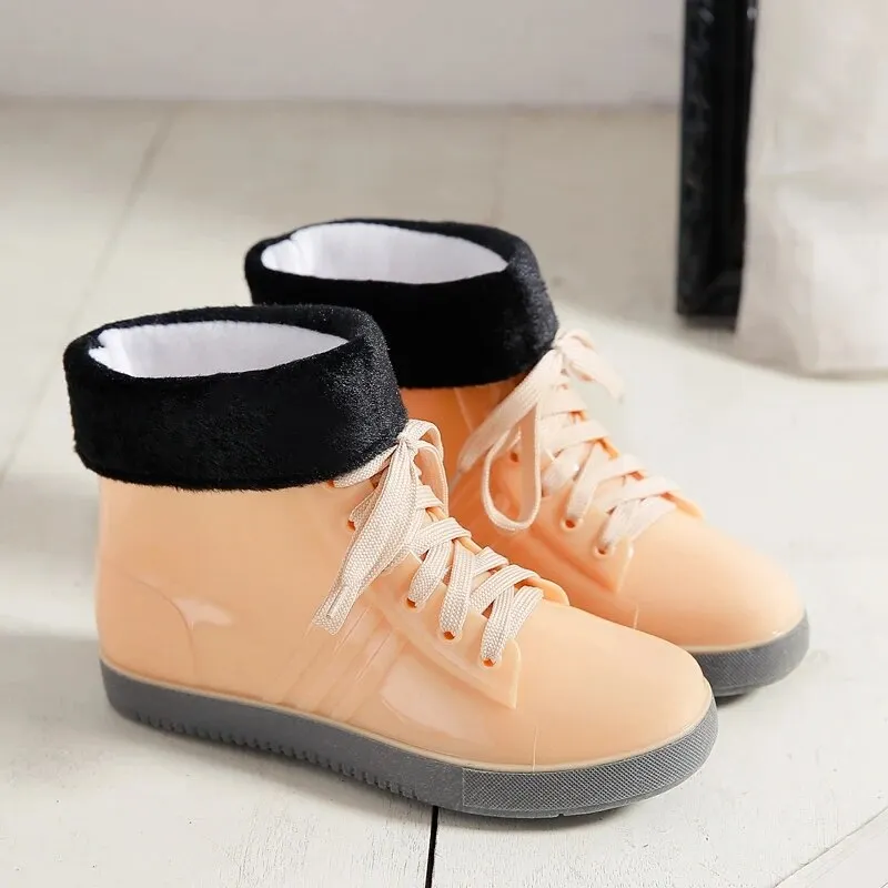 Leopard Women's Rainshoes Waterproof Non-Slip Flat Rubber Shoes Women Rain Boots Short Tube Lace Up Velvet Warmer Winter Boots
