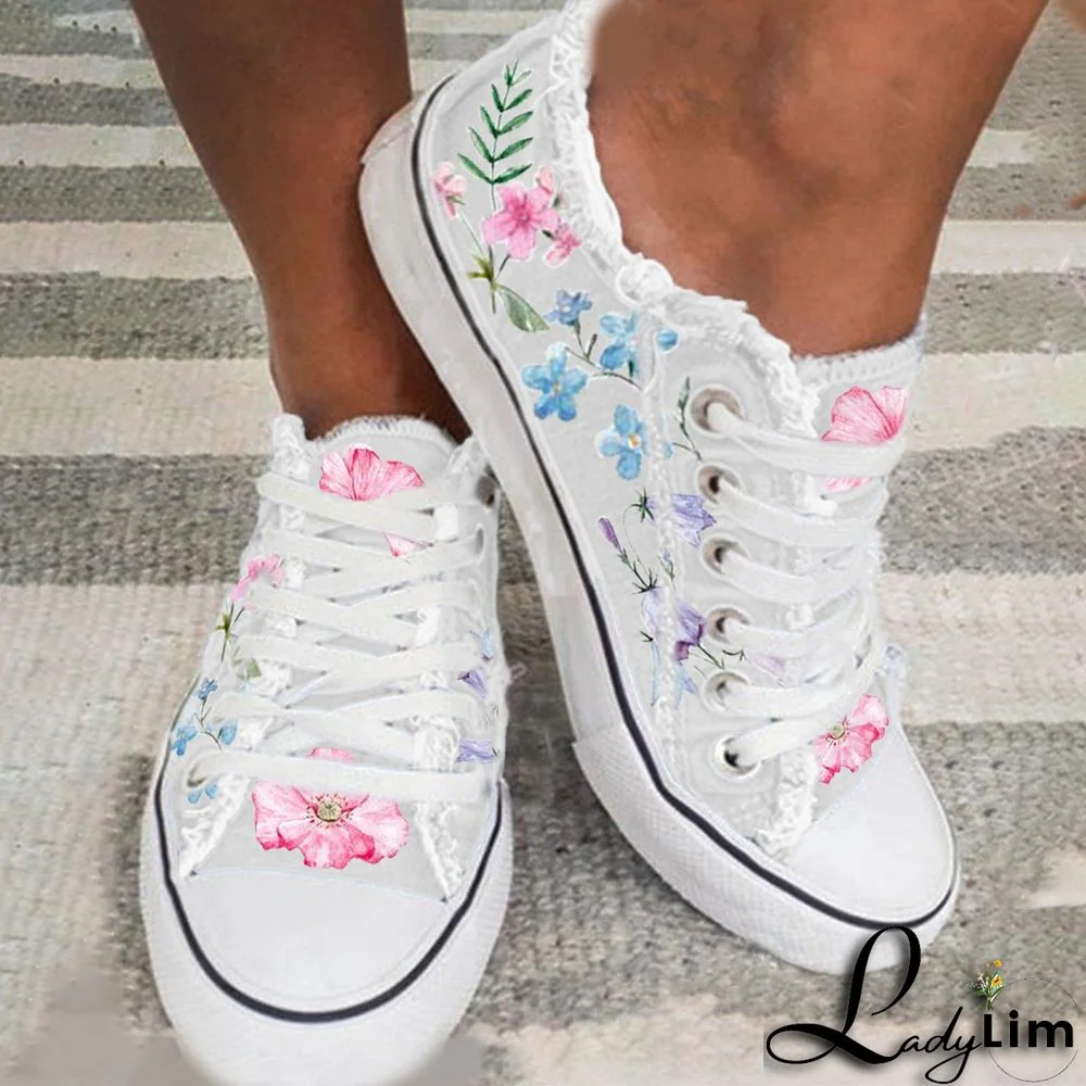 Women's Graphic Printed Shoelaces Round Toe Flat Heel Casual Shoes