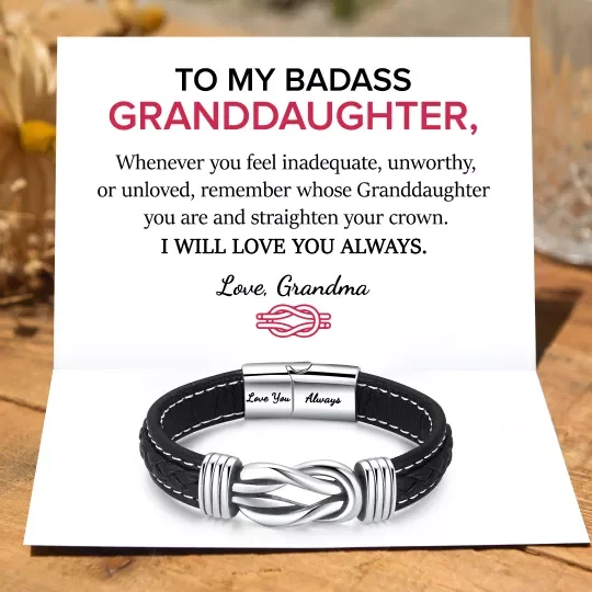 To My Granddaughter Straighten Your Crown Leather Knot Bracelet Birthday Gift