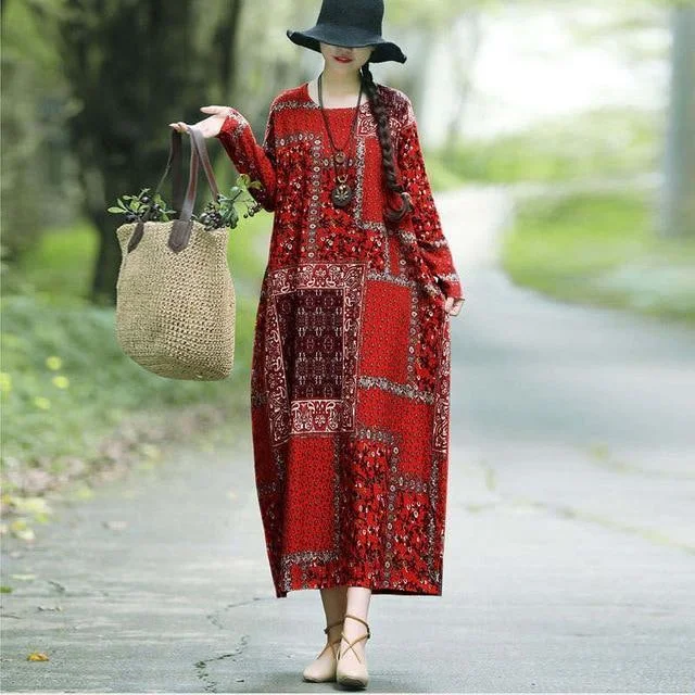Vintage Printed Cotton Linen Dress Loose Casual Maxi Dresses Long Sleeve Round Neck