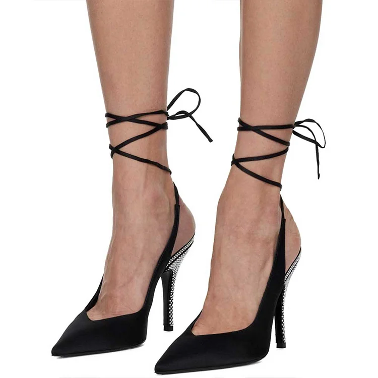 Women's Black Pumps Pointed Toe Rhinestone Lace Up Heels |FSJ Shoes
