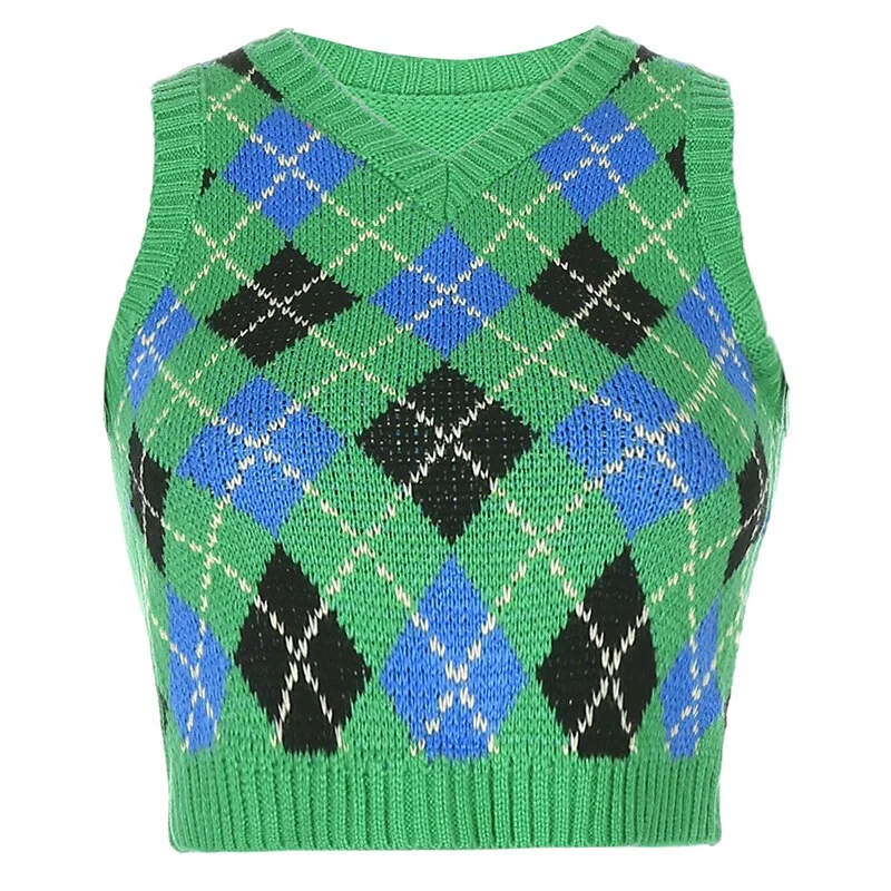 HEYounGIRL Y2K Argyle Plaid Cropped Sweater Vest Autumn Casual Sleeveless Tank Knitted Jumper Women V Neck Fashion Streetwear