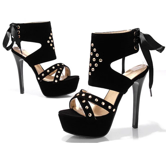 Black Lace-Up Stripper Sandals with Studs - Super High Heels Vdcoo