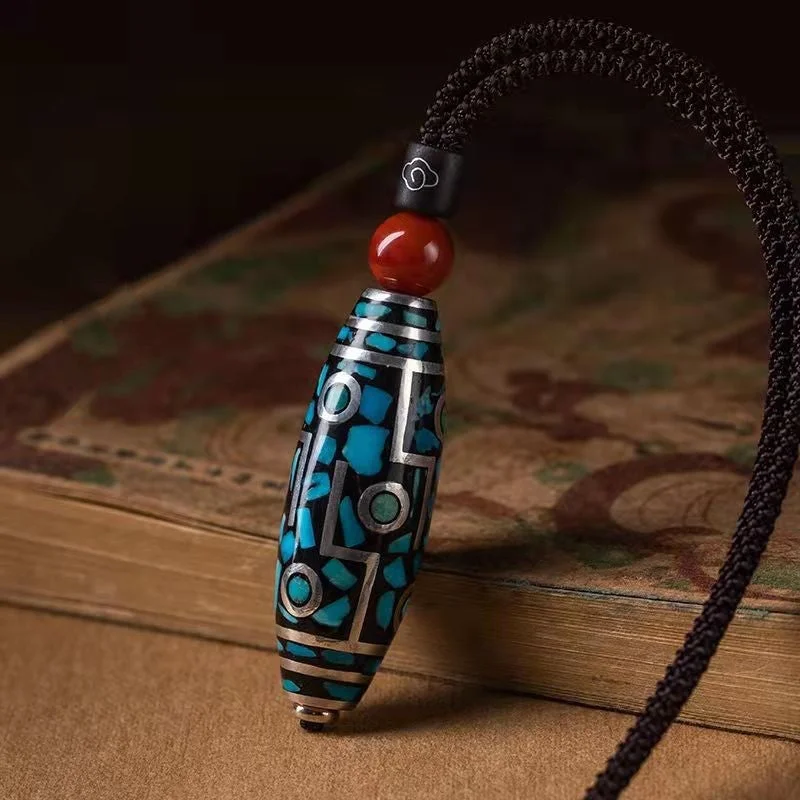 Turquoise-set Nine-eyed Dzi Bead Pendant Necklace