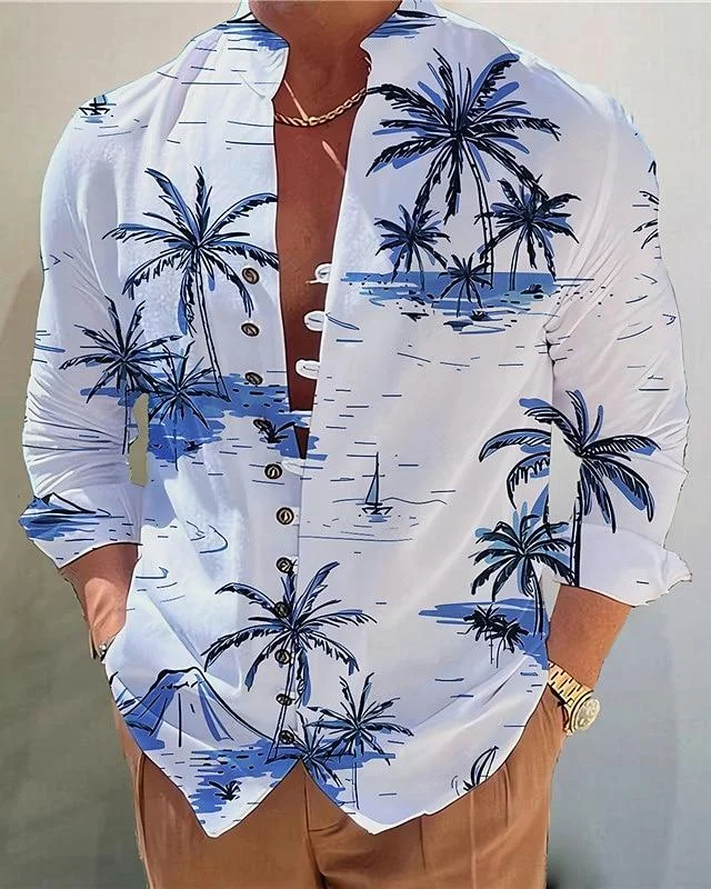 Men's Hawaii Casual Coconut Tree Print Long Sleeve Shirt at Hiphopee