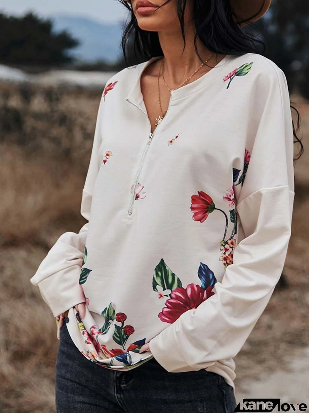 Floral Print Drop Shoulder Front Zipper Blouse