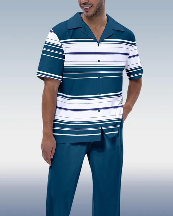 Suitmens Men's Horizontal Stripe Short Sleeve Two-Piece Suit