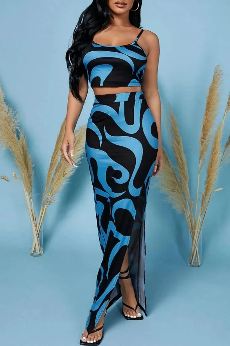 Sexy Casual Print Backless Slit Spaghetti Strap Sleeveless Two Pieces